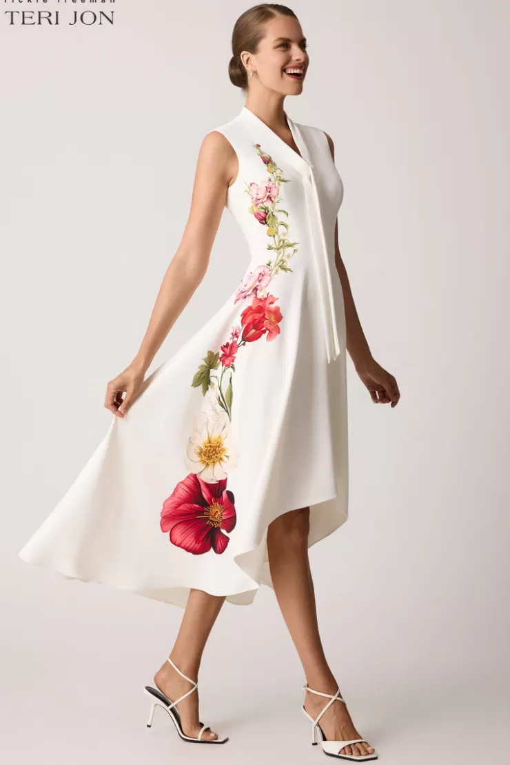 Teri Jon Crepe Floral Border Trim Dress
