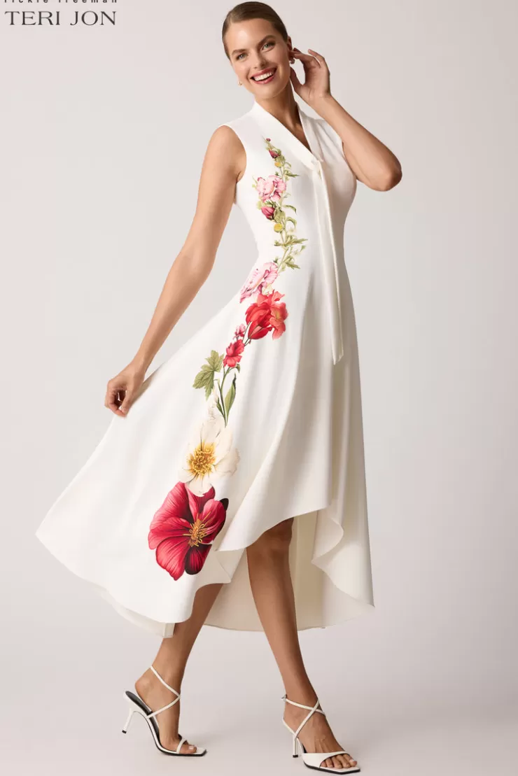 Teri Jon Crepe Floral Border Trim Dress