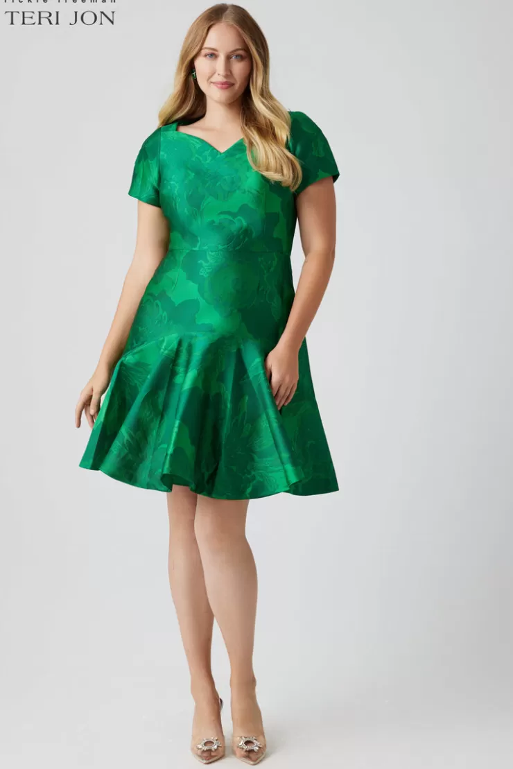 Teri Jon Mikado Short Sleeve Flounce Skirt Dress