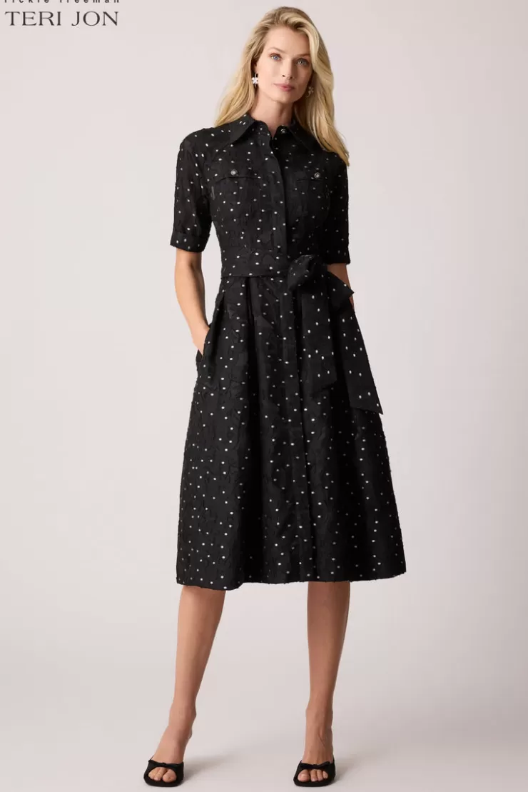 Teri Jon Polka Dot Short Sleeve Shirt Dress