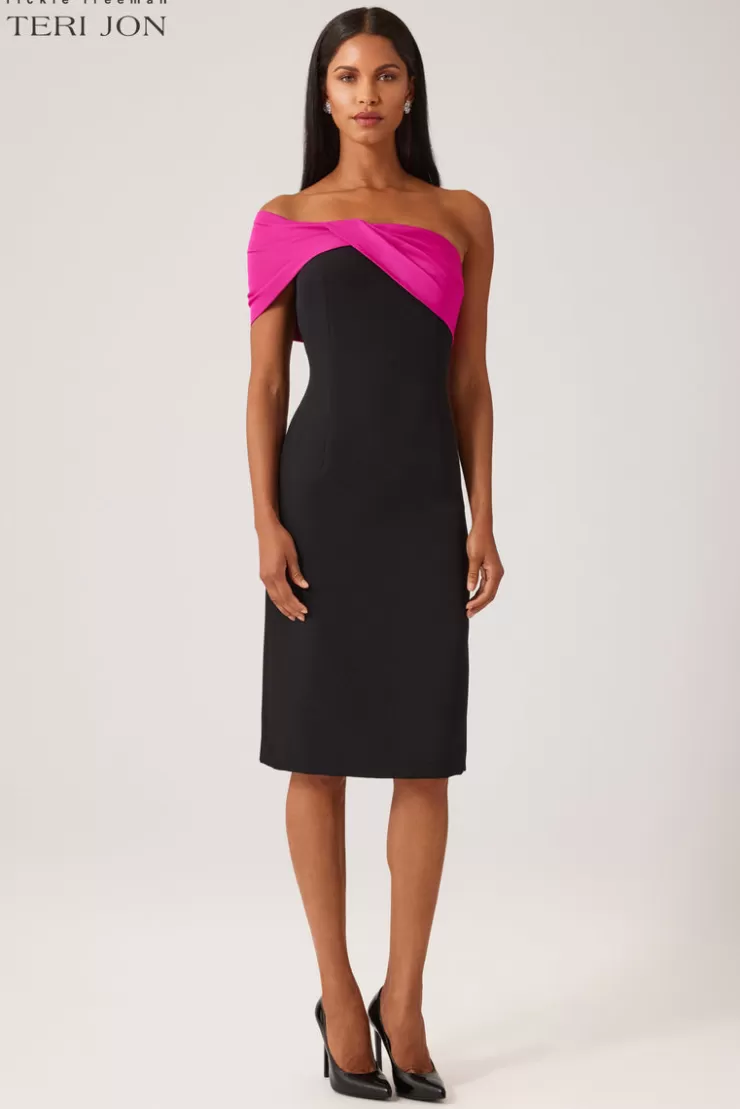 Teri Jon Taffeta Asymmetrical Crepe Sheath Dress