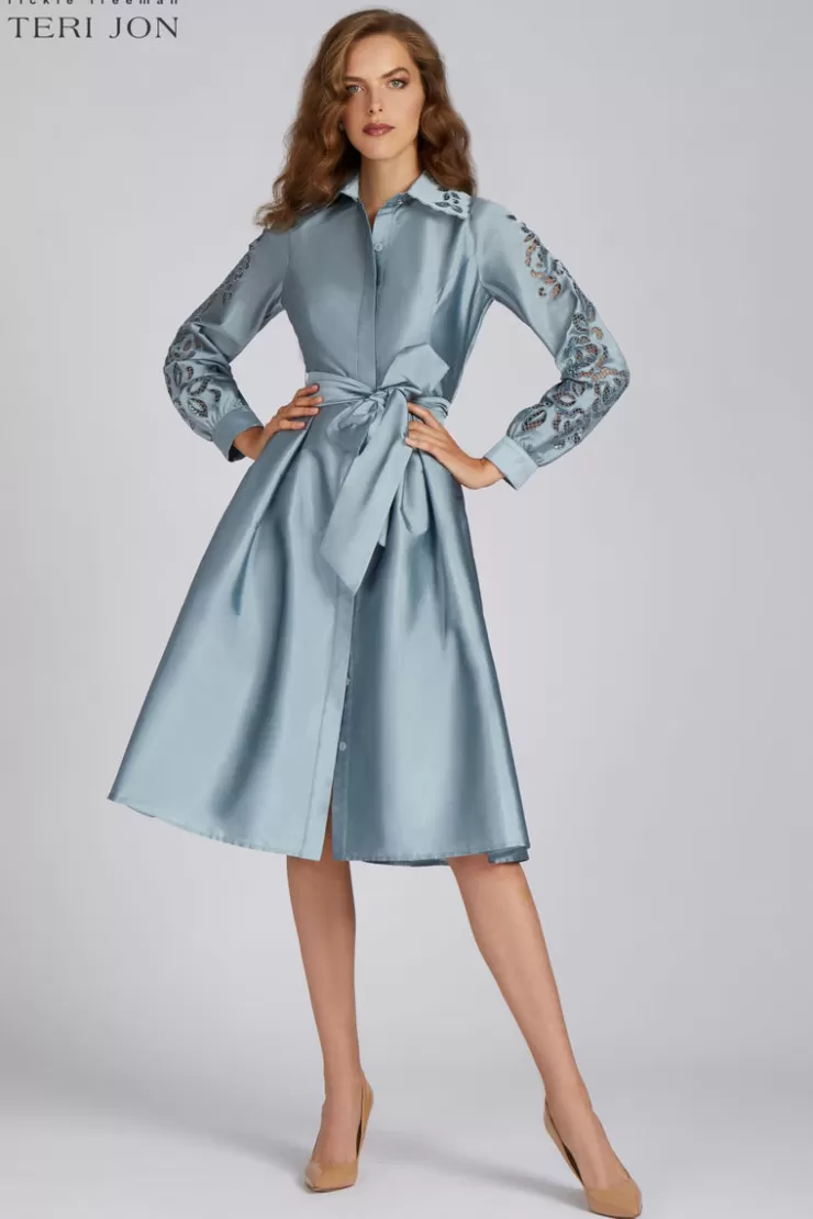 Teri Jon Taffeta Eyelet Collar and Sleeve Shirt Dress