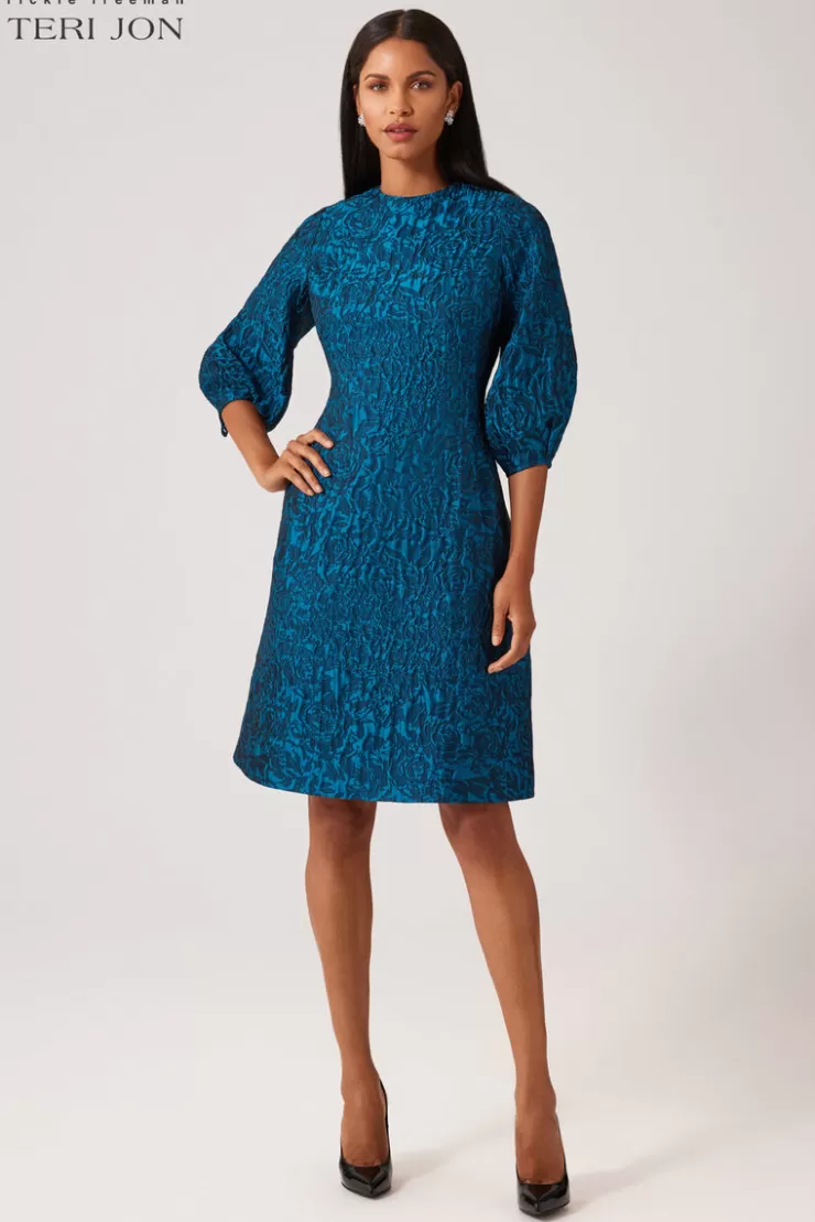 Teri Jon Textured Floral Jacquard Balloon Sleeve Dress