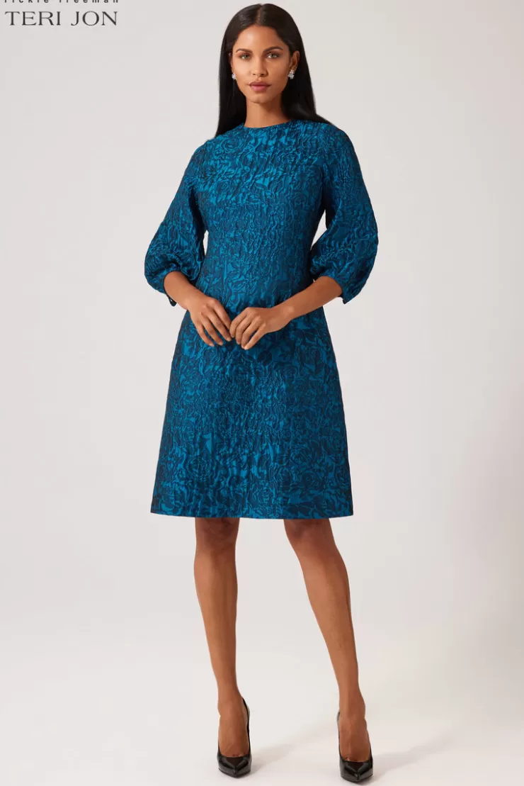 Teri Jon Textured Floral Jacquard Balloon Sleeve Dress