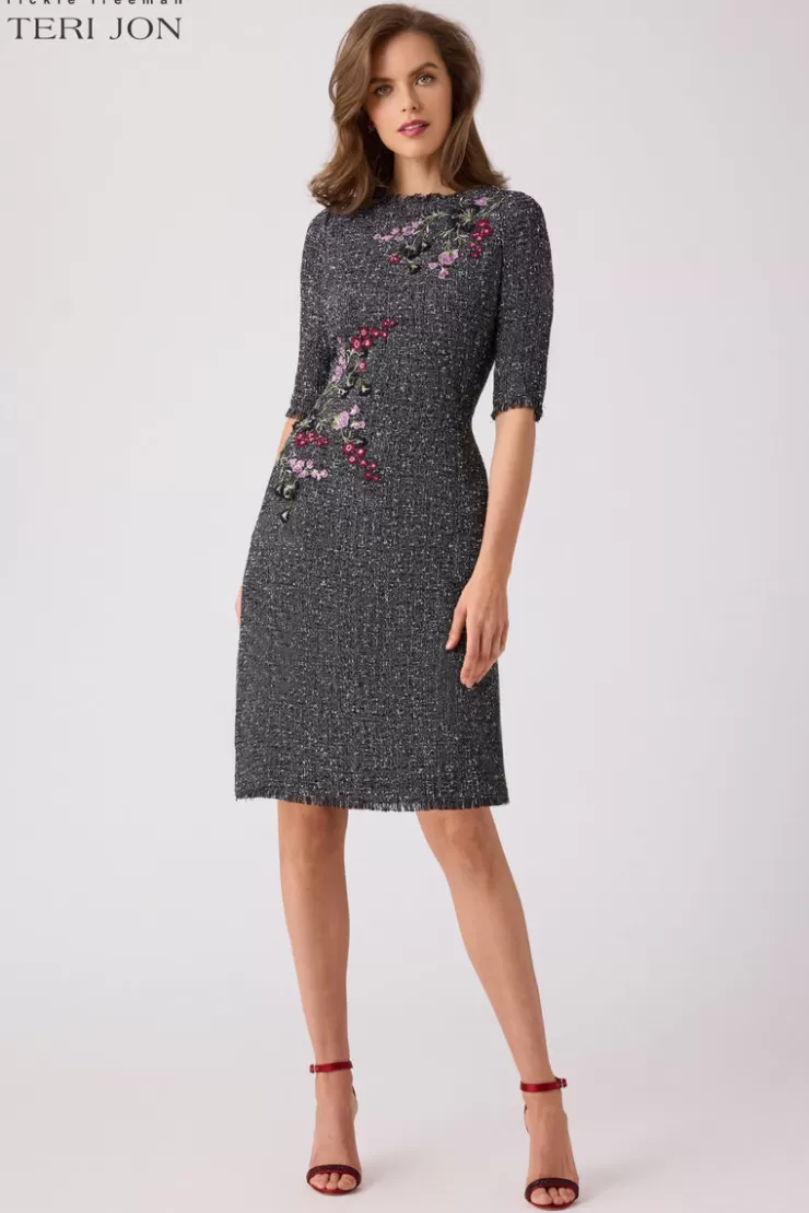 Teri Jon Tweed A-Line Applique Dress