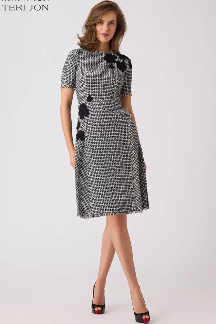 Teri Jon Tweed Appliqued Daytime Dress