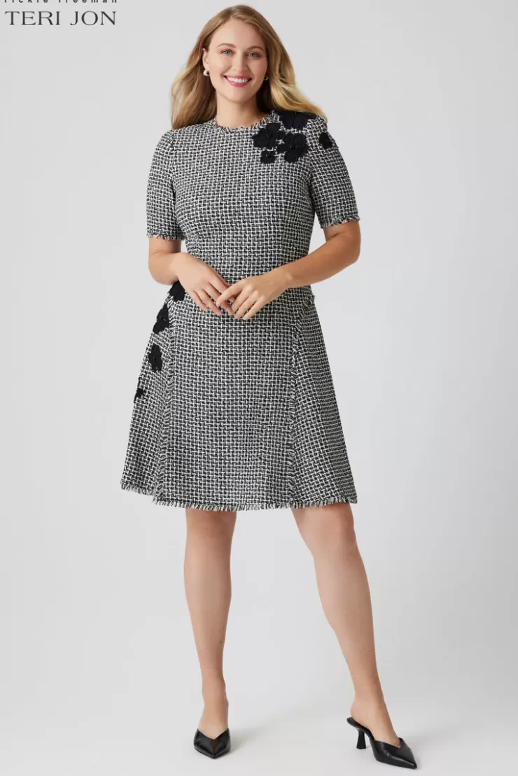 Teri Jon Tweed Appliqued Daytime Dress